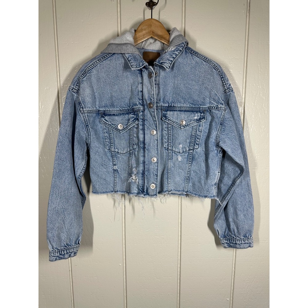 American Eagle Denim Jacket Womens S Blue Hooded Cropped Distressed Raw Hem